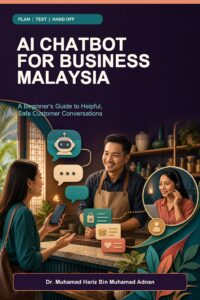 AI Chatbot for Business Malaysia ebook cover showing a Malaysian small-business owner, customer, automated chat and human support handoff
