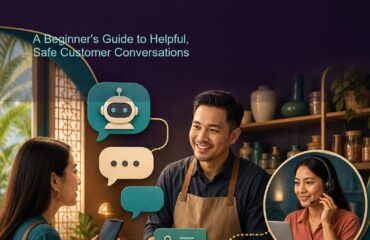 AI Chatbot for Business Malaysia ebook cover AI Chatbot for Business Malaysia ebook cover showing a Malaysian small-business owner, customer, automated chat and human support handoff