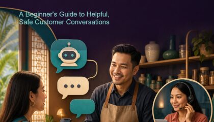 AI Chatbot for Business Malaysia ebook cover showing a Malaysian small-business owner, customer, automated chat and human support handoff