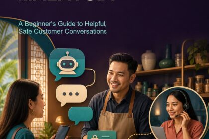 AI Chatbot for Business Malaysia ebook cover showing a Malaysian small-business owner, customer, automated chat and human support handoff