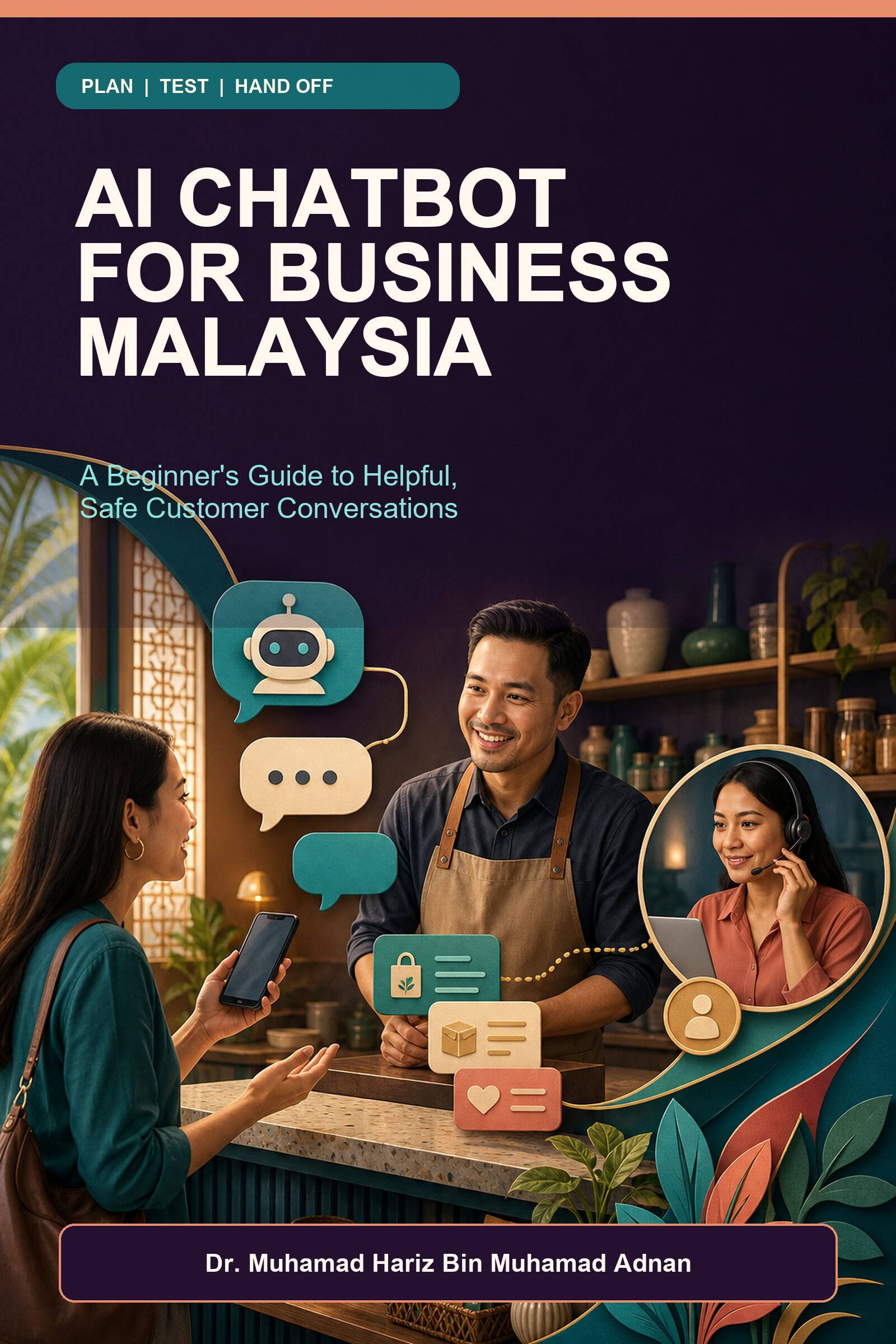 AI Chatbot for Business Malaysia ebook cover showing a Malaysian small-business owner, customer, automated chat and human support handoff