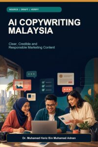 AI Copywriting Malaysia ebook cover showing Malaysian creators reviewing a content brief, claim checklist and marketing draft