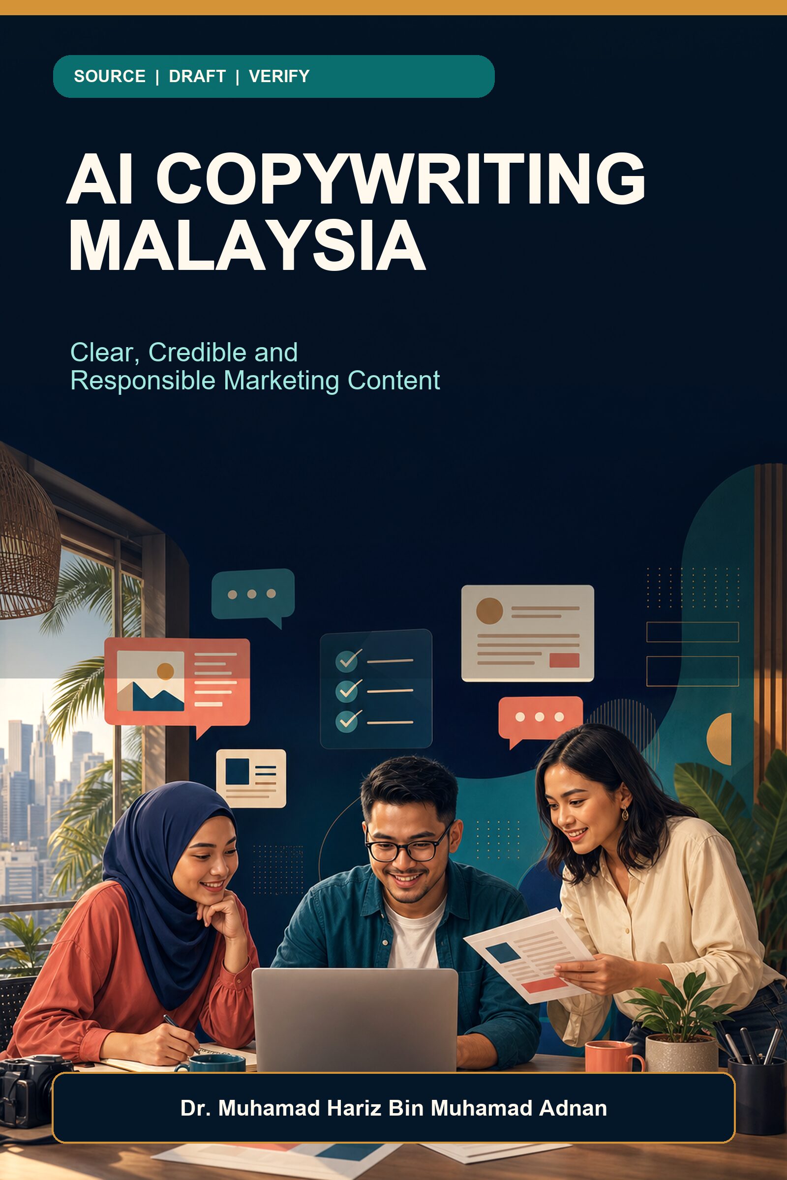 AI Copywriting Malaysia ebook cover showing Malaysian creators reviewing a content brief, claim checklist and marketing draft