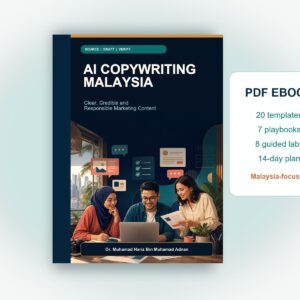 AI Copywriting Malaysia ebook displayed as a digital book mockup with 20 templates, seven playbooks, eight labs and a 14-day plan