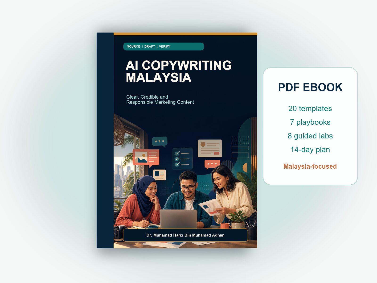 AI Copywriting Malaysia ebook displayed as a digital book mockup with 20 templates, seven playbooks, eight labs and a 14-day plan