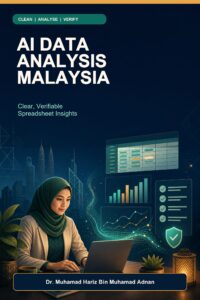 AI Data Analysis Malaysia ebook cover showing a Malaysian professional reviewing spreadsheet rows, charts and a data-quality checklist