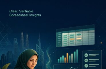 AI Data Analysis Malaysia ebook cover showing a Malaysian professional reviewing spreadsheet rows, charts and a data-quality checklist