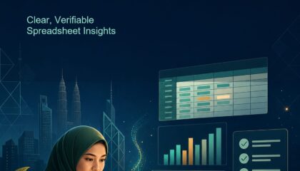 AI Data Analysis Malaysia ebook cover showing a Malaysian professional reviewing spreadsheet rows, charts and a data-quality checklist