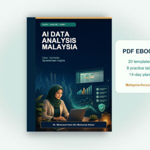 AI Data Analysis Malaysia ebook displayed as a digital book mockup with 20 templates, eight practice labs and a 14-day plan