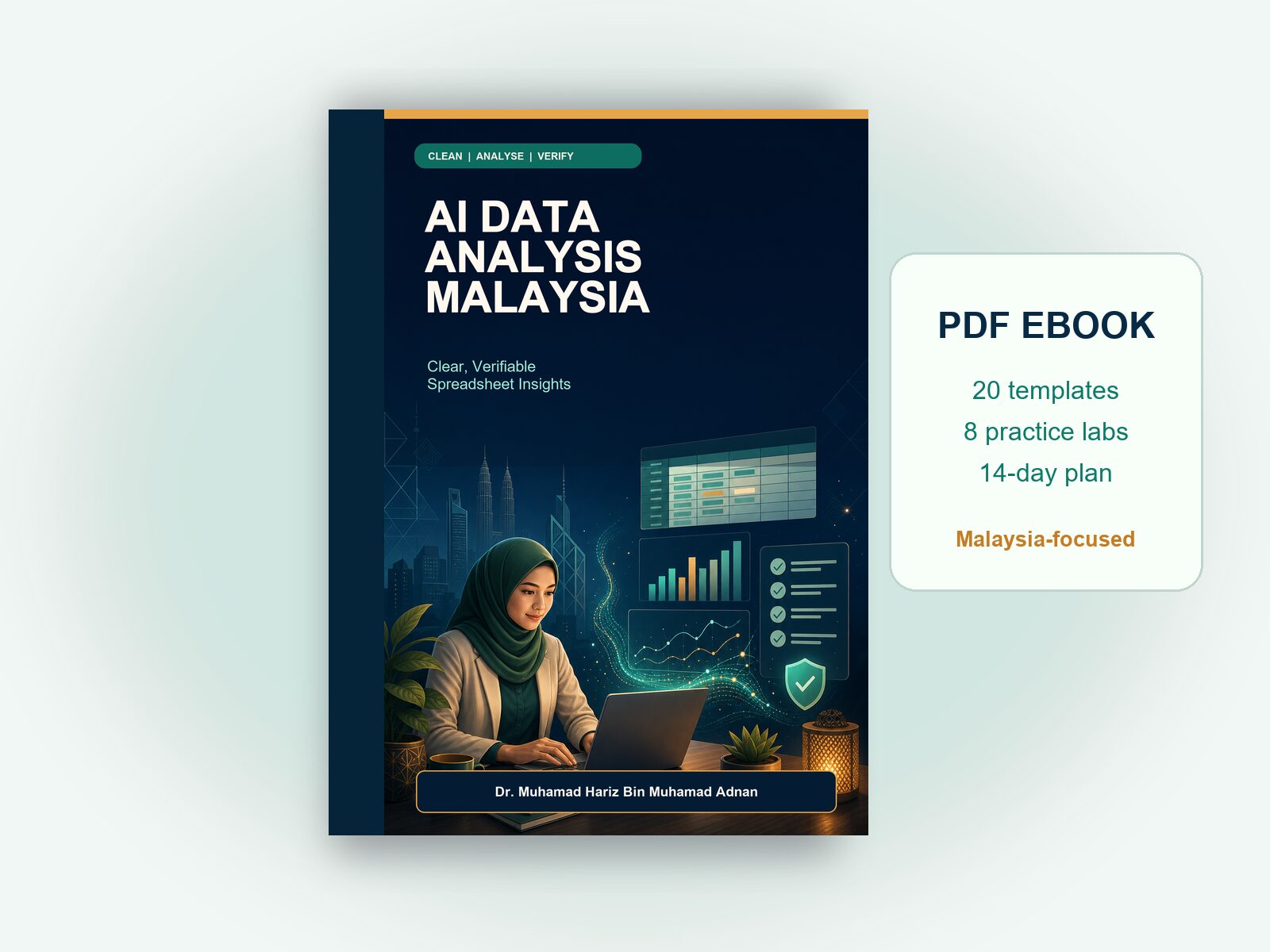 AI Data Analysis Malaysia ebook displayed as a digital book mockup with 20 templates, eight practice labs and a 14-day plan