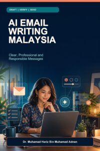 AI Email Writing Malaysia ebook cover showing a Malaysian professional reviewing an email draft, tone control and checklist
