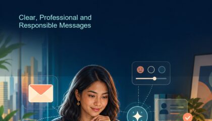 AI Email Writing Malaysia ebook cover showing a Malaysian professional reviewing an email draft, tone control and checklist