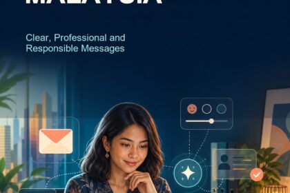 AI Email Writing Malaysia ebook cover showing a Malaysian professional reviewing an email draft, tone control and checklist