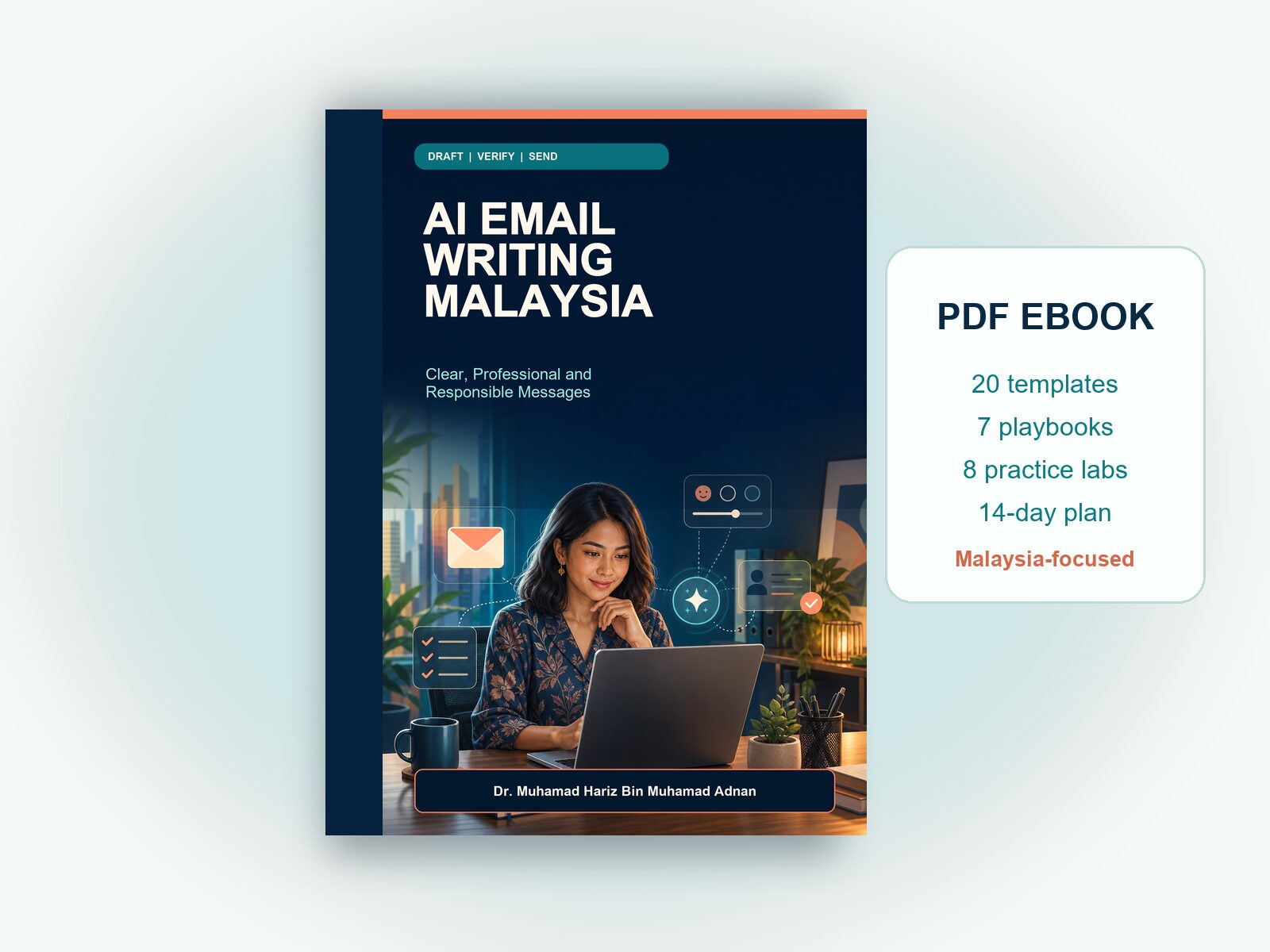 AI Email Writing Malaysia ebook displayed as a digital book mockup with 20 templates, seven playbooks, eight labs and a 14-day plan