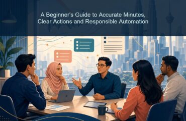 AI Meeting Notes Malaysia ebook cover showing a diverse Malaysian team reviewing structured meeting notes
