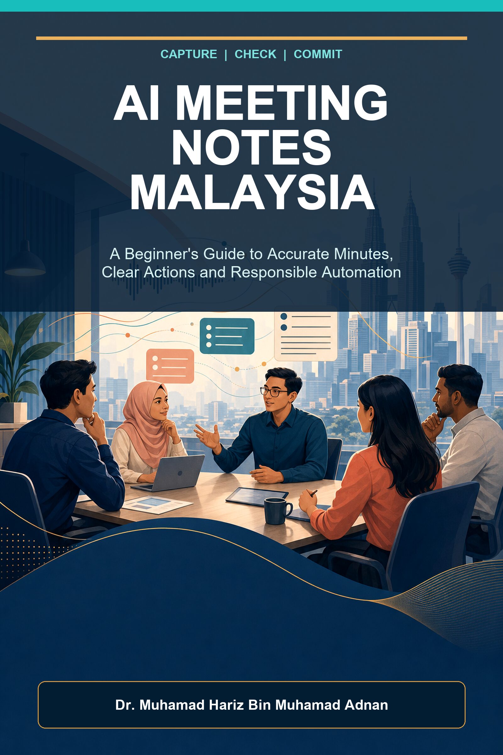 AI Meeting Notes Malaysia ebook cover showing a diverse Malaysian team reviewing structured meeting notes