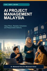 AI Project Management Malaysia ebook cover showing a Malaysian project team reviewing a timeline, task board and human oversight workflow
