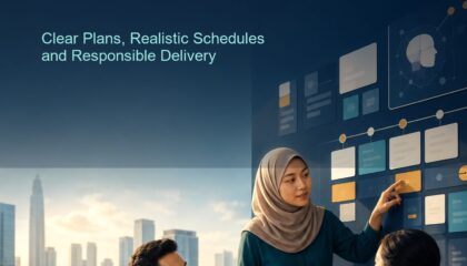 AI Project Management Malaysia ebook cover showing a Malaysian project team reviewing a timeline, task board and human oversight workflow