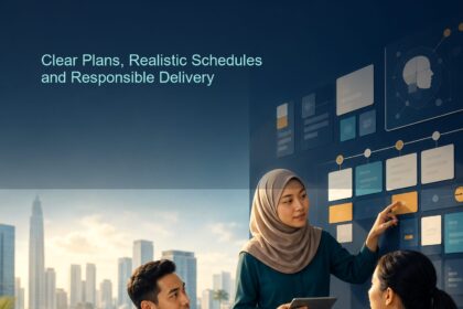 AI Project Management Malaysia ebook cover showing a Malaysian project team reviewing a timeline, task board and human oversight workflow