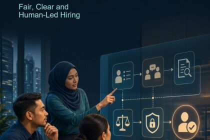 AI Recruitment Malaysia ebook cover showing a diverse Malaysian hiring team reviewing an evidence, fairness, privacy and human decision workflow