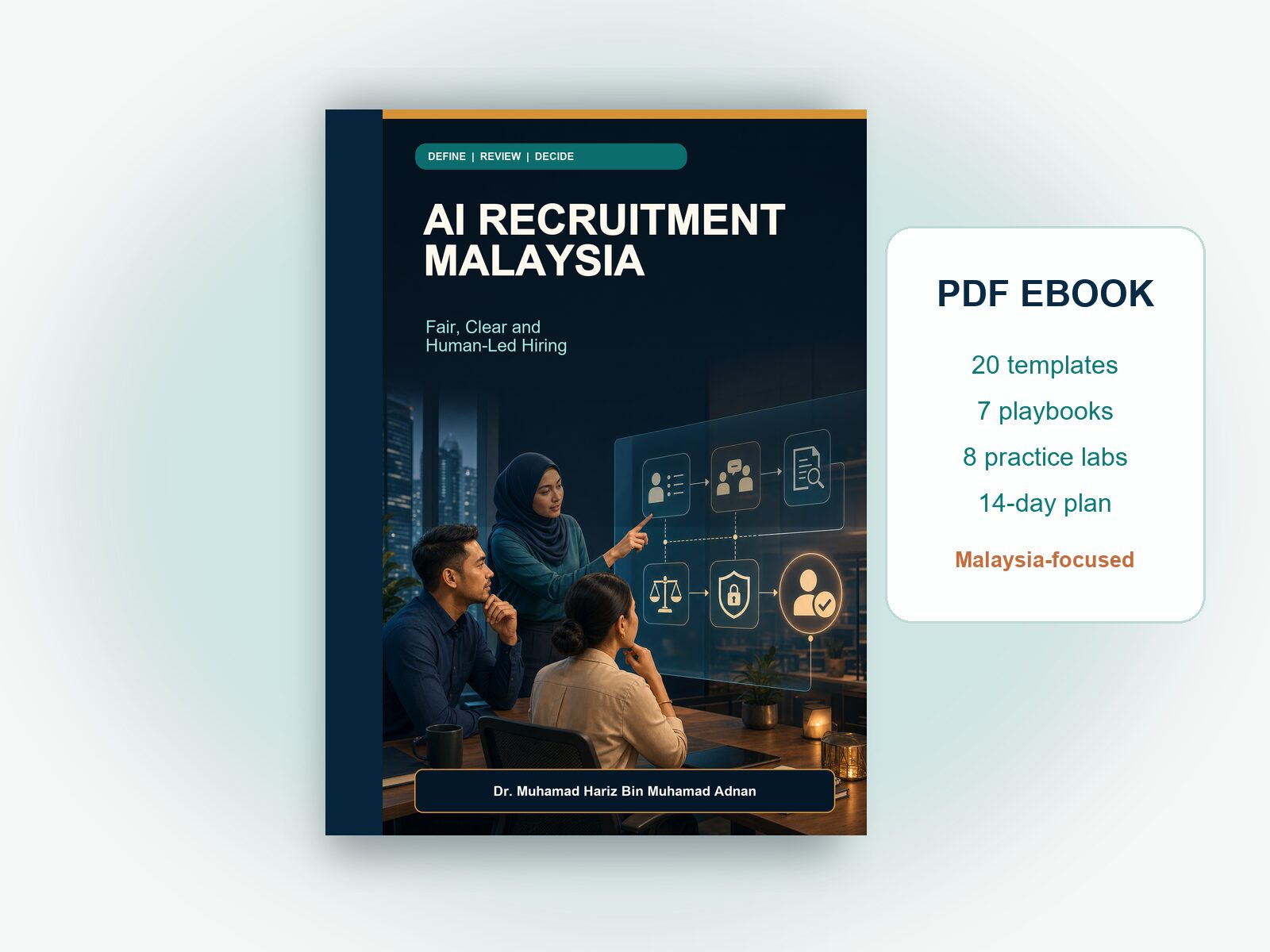 AI Recruitment Malaysia ebook displayed as a digital book mockup with 20 templates, seven playbooks, eight labs and a 14-day plan
