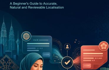 AI Translation Malaysia ebook cover with an abstract bilingual communication pathway in navy, teal and coral