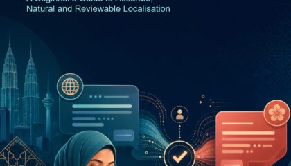 AI Translation Malaysia ebook cover with an abstract bilingual communication pathway in navy, teal and coral