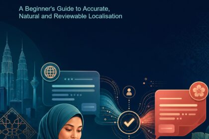 AI Translation Malaysia ebook cover with an abstract bilingual communication pathway in navy, teal and coral