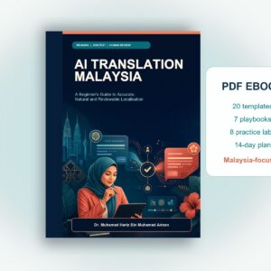 AI Translation Malaysia digital ebook mockup featuring 20 templates, seven playbooks, eight labs and a 14-day plan