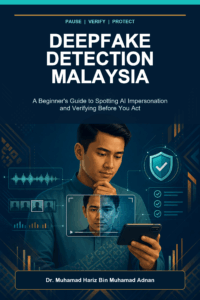 Deepfake Detection Malaysia ebook cover with a Malaysian reader verifying suspicious synthetic media