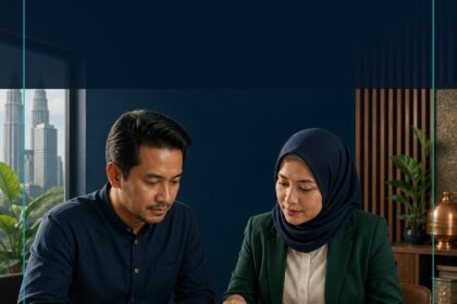 AI Accounting Malaysia commercial ebook cover showing two Malaysian professionals reviewing financial source evidence and a controlled close workflow