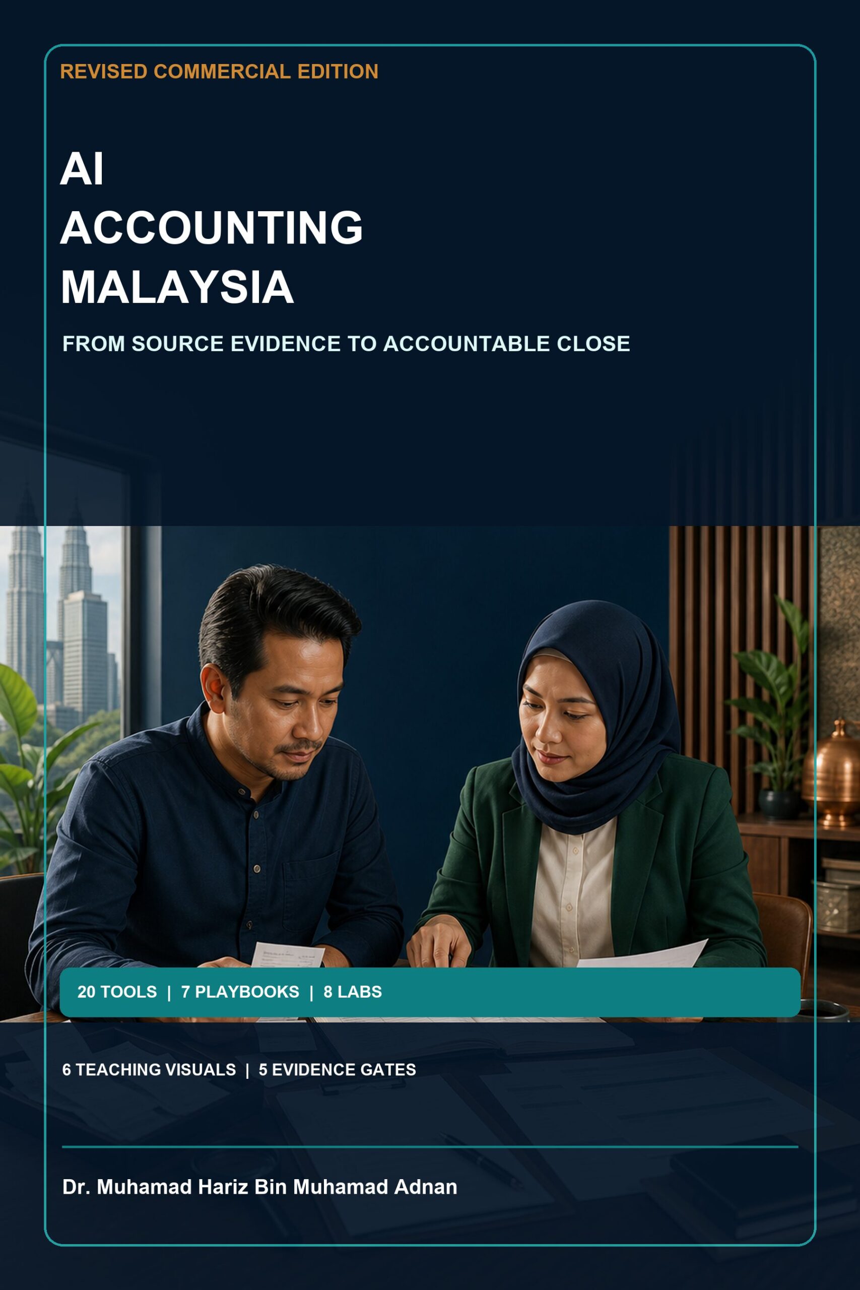 AI Accounting Malaysia commercial ebook cover showing two Malaysian professionals reviewing financial source evidence and a controlled close workflow
