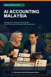 AI Accounting Malaysia ebook cover showing a Malaysian small-business owner and finance professional reviewing receipts, a ledger and checklist