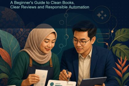 AI Accounting Malaysia ebook cover showing a Malaysian small-business owner and finance professional reviewing receipts, a ledger and checklist