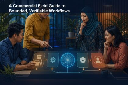 AI Agents Malaysia commercial field guide cover showing a Malaysian team supervising a bounded workflow from source and tool use through verification to human approval