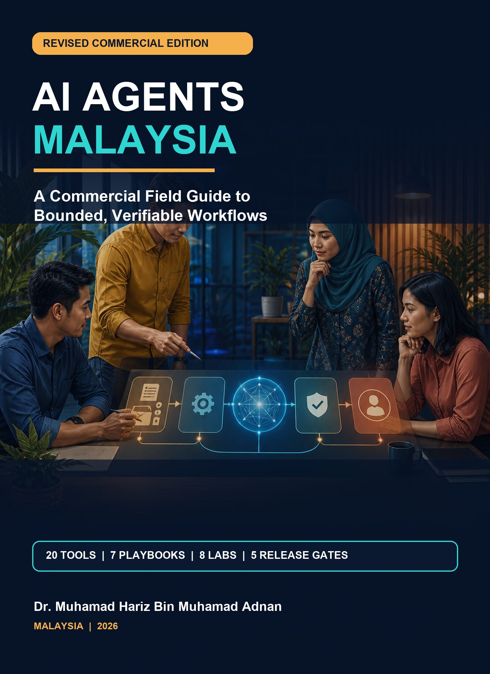AI Agents Malaysia commercial field guide cover showing a Malaysian team supervising a bounded workflow from source and tool use through verification to human approval