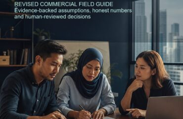 AI Business Plan Malaysia revised commercial cover showing three Malaysian founders reviewing assumptions, calculations and evidence in a Kuala Lumpur workspace