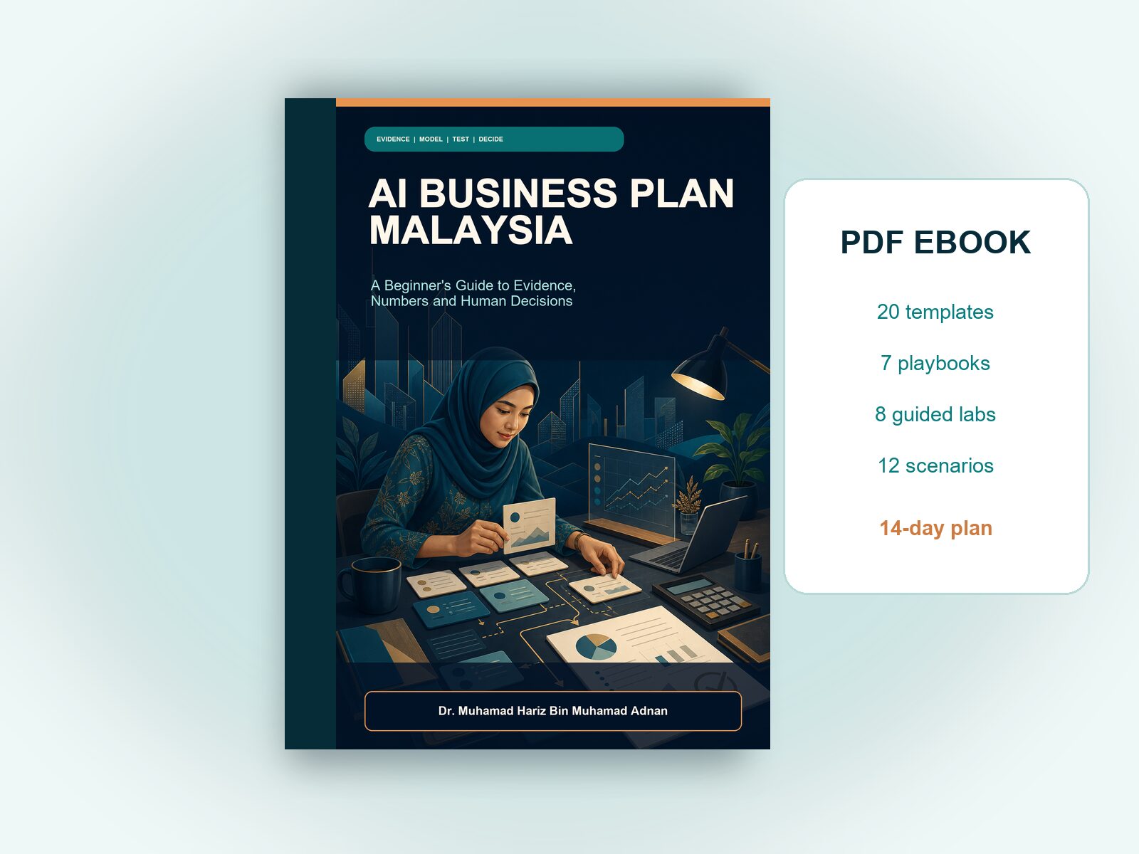 AI Business Plan Malaysia ebook displayed as a digital book mockup with 20 templates, seven playbooks, eight labs, twelve scenarios and a 14-day plan