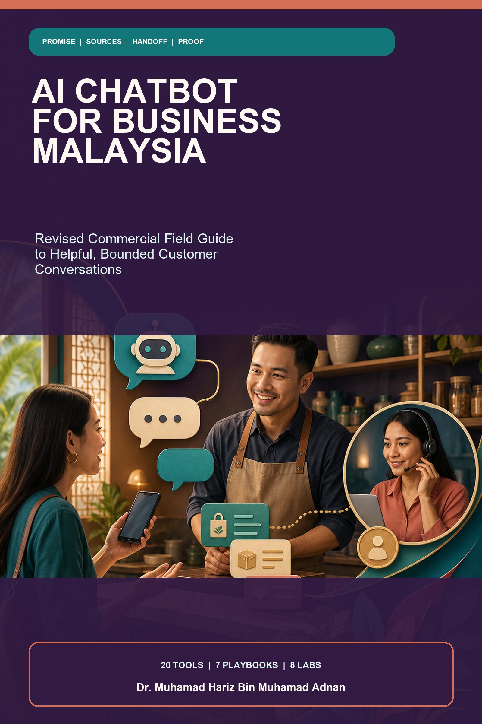 AI Chatbot for Business Malaysia commercial ebook cover showing a Malaysian small-business service conversation moving between a chatbot and human support