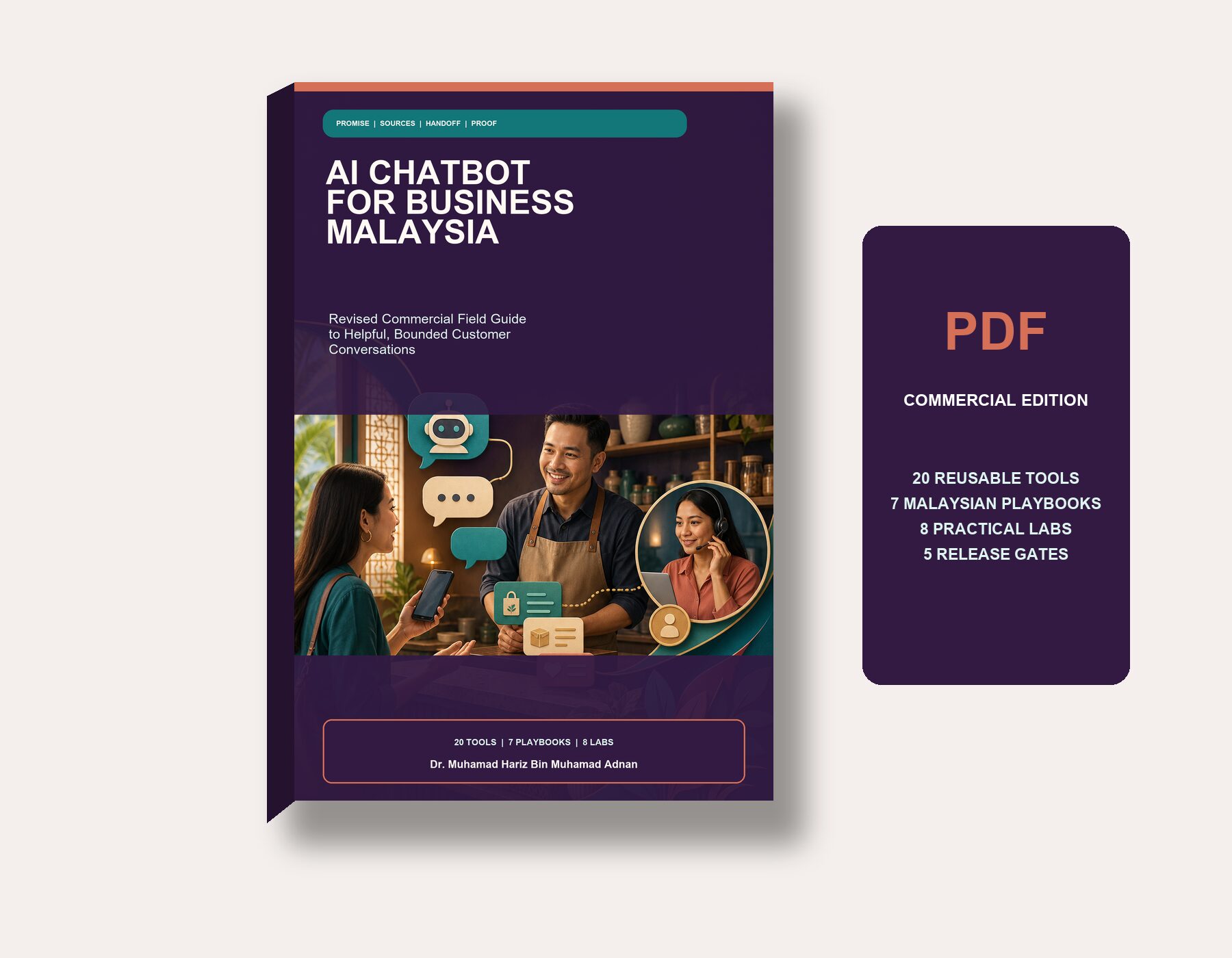 AI Chatbot for Business Malaysia ebook mockup with 20 tools, seven playbooks, eight labs, six diagrams and five release gates