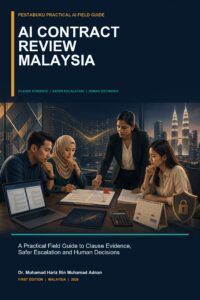 AI Contract Review Malaysia ebook cover showing a Malaysian business team reviewing clause evidence with a lawyer, calendar, calculator and privacy control