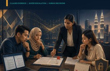 AI Contract Review Malaysia ebook cover AI Contract Review Malaysia ebook cover showing a Malaysian business team reviewing clause evidence with a lawyer, calendar, calculator and privacy control