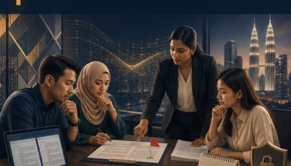 AI Contract Review Malaysia ebook cover showing a Malaysian business team reviewing clause evidence with a lawyer, calendar, calculator and privacy control