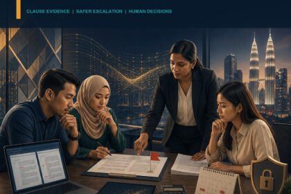 AI Contract Review Malaysia ebook cover showing a Malaysian business team reviewing clause evidence with a lawyer, calendar, calculator and privacy control