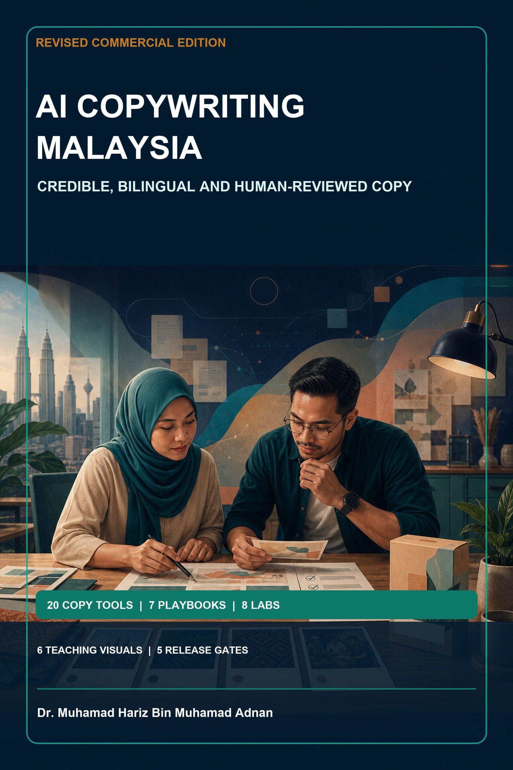 AI Copywriting Malaysia commercial ebook cover showing Malaysian professionals reviewing source-grounded copy in a small-business studio