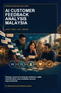 AI Customer Feedback Analysis Malaysia ebook cover showing a diverse Malaysian service team tracing anonymised feedback through a human-reviewed improvement workflow