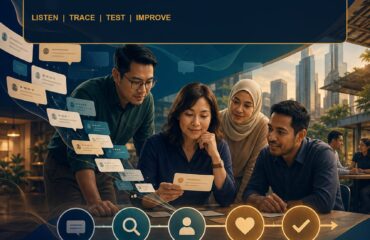 AI Customer Feedback Analysis Malaysia ebook cover showing a diverse Malaysian service team tracing anonymised feedback through a human-reviewed improvement workflow