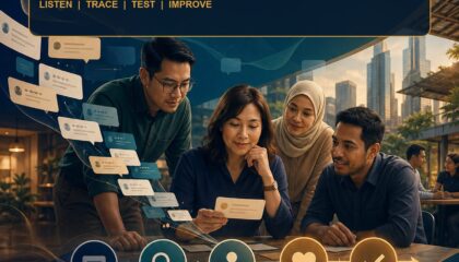 AI Customer Feedback Analysis Malaysia ebook cover showing a diverse Malaysian service team tracing anonymised feedback through a human-reviewed improvement workflow