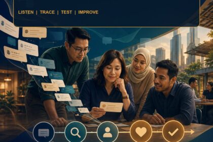 AI Customer Feedback Analysis Malaysia ebook cover showing a diverse Malaysian service team tracing anonymised feedback through a human-reviewed improvement workflow