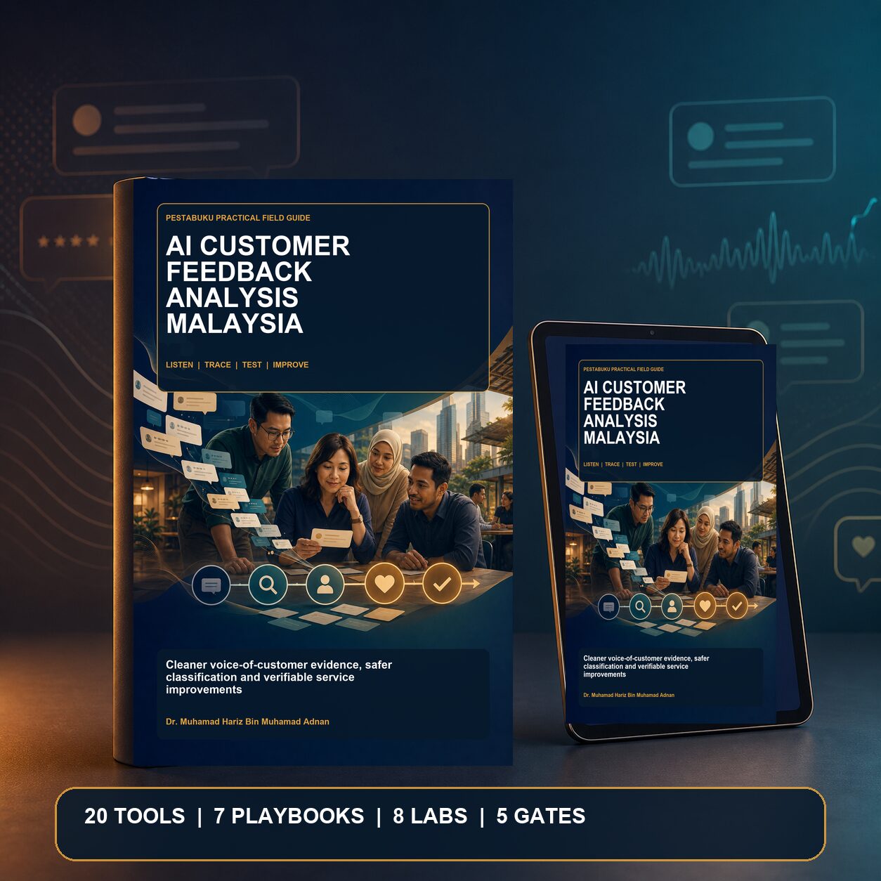 AI Customer Feedback Analysis Malaysia commercial ebook and tablet mockup featuring a human-centred feedback evidence workflow